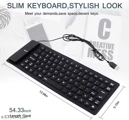 Foldable Silicone Keyboard, USB Waterproof Travel Gaming Wired Keypad, Rollup Wired Folding Keyboard Compatible with Windows, PC, Laptop, Mac Notebook Full Size (Black) (Flexible)